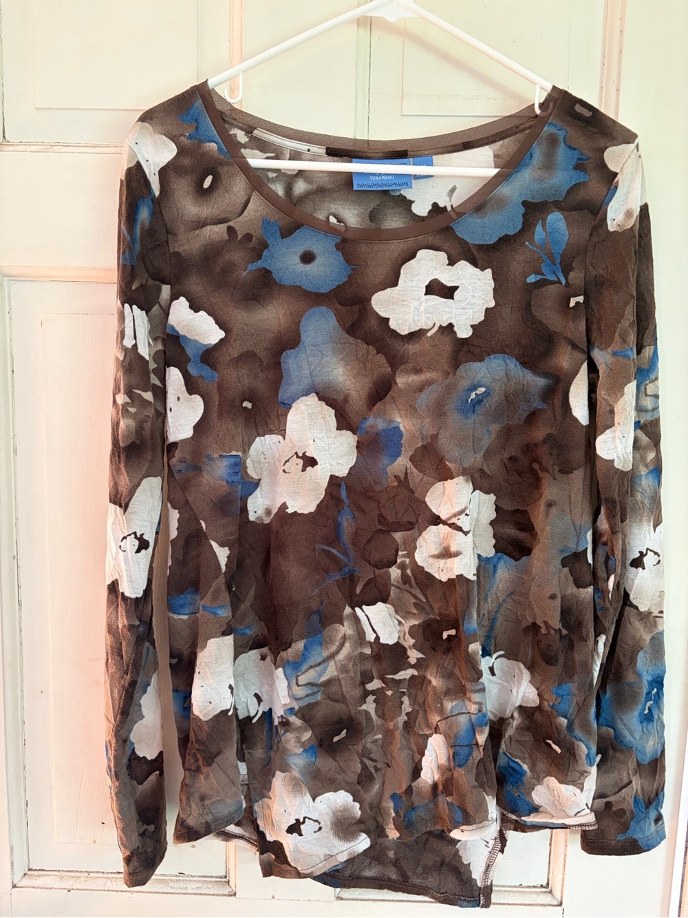 Simply Vera Vera Wang Brown Floral Scoop-Neck Long-Sleeve Blouse